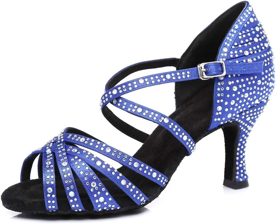 HIPPOSEUS Women's Rhinestone Latin Dance Shoes with Suede Sole Ballroom Salsa Dance Shoes