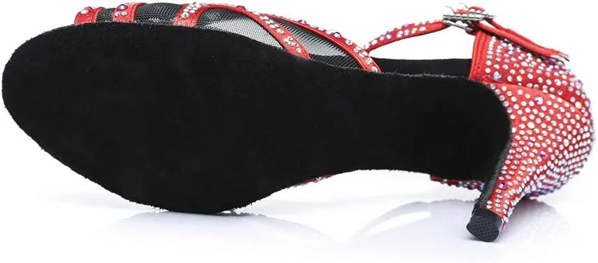 HIPPOSEUS Women's T-Strap Rhinestones Latin Dance Shoes Net Yarn Ballroom Salsa Dancing Shoes, Model 372