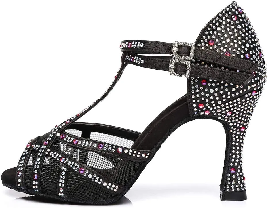 HIPPOSEUS Women's T-Strap Rhinestones Latin Dance Shoes Net Yarn Ballroom Salsa Dancing Shoes, Model 372