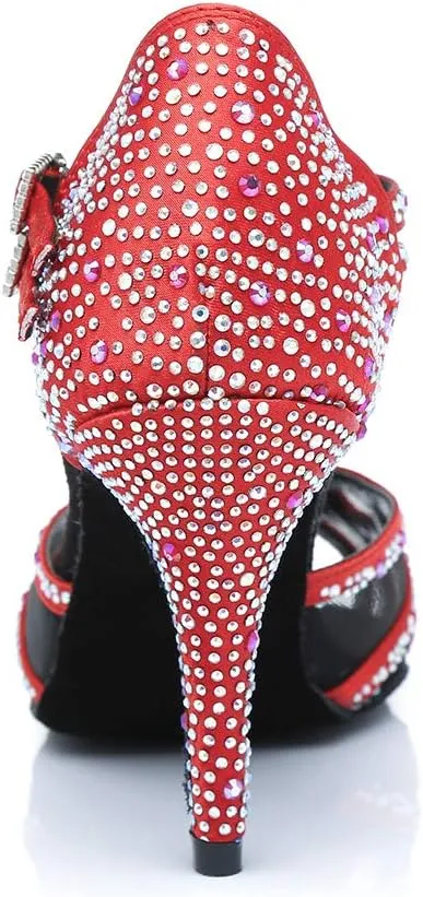 HIPPOSEUS Women's T-Strap Rhinestones Latin Dance Shoes Net Yarn Ballroom Salsa Dancing Shoes, Model 372