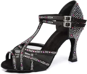 HIPPOSEUS Women's T-Strap Rhinestones Latin Dance Shoes Net Yarn Ballroom Salsa Dancing Shoes, Model 372