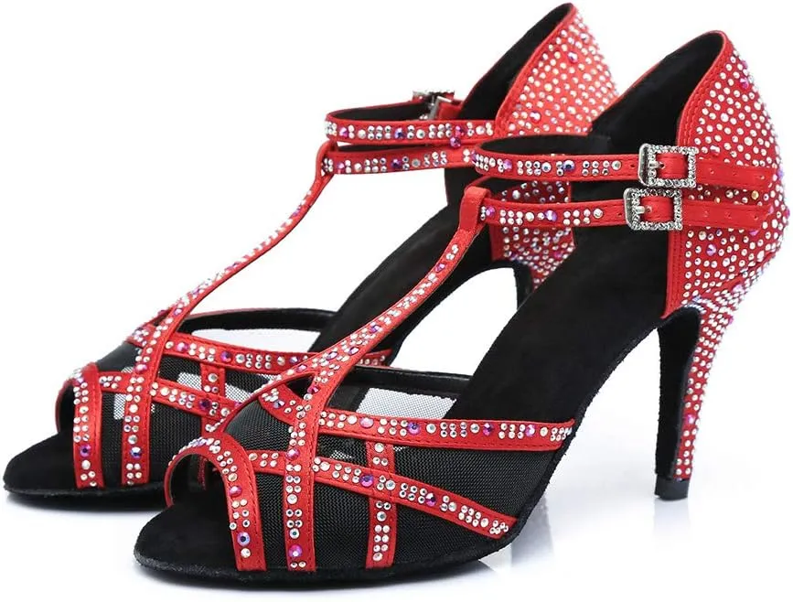 HIPPOSEUS Women's T-Strap Rhinestones Latin Dance Shoes Net Yarn Ballroom Salsa Dancing Shoes, Model 372