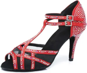 HIPPOSEUS Women's T-Strap Rhinestones Latin Dance Shoes Net Yarn Ballroom Salsa Dancing Shoes, Model 372