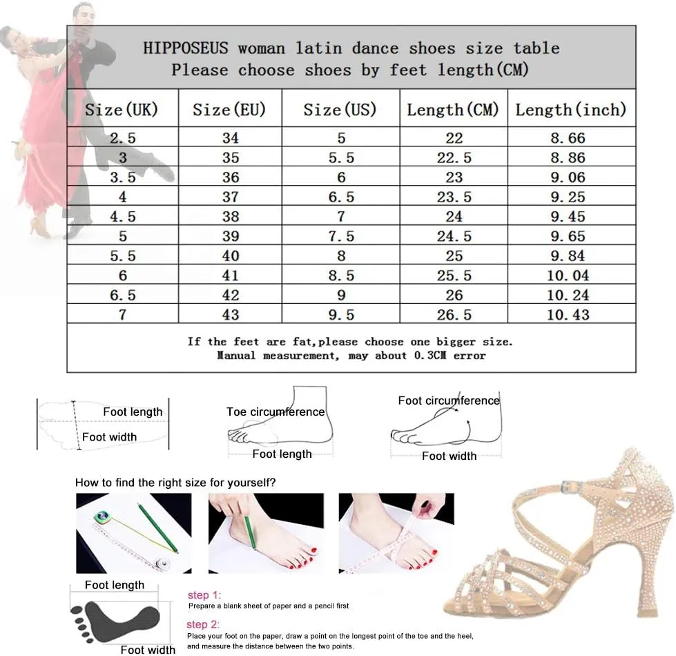 HIPPOSEUS Women's T-Strap Rhinestones Latin Dance Shoes Net Yarn Ballroom Salsa Dancing Shoes, Model 372