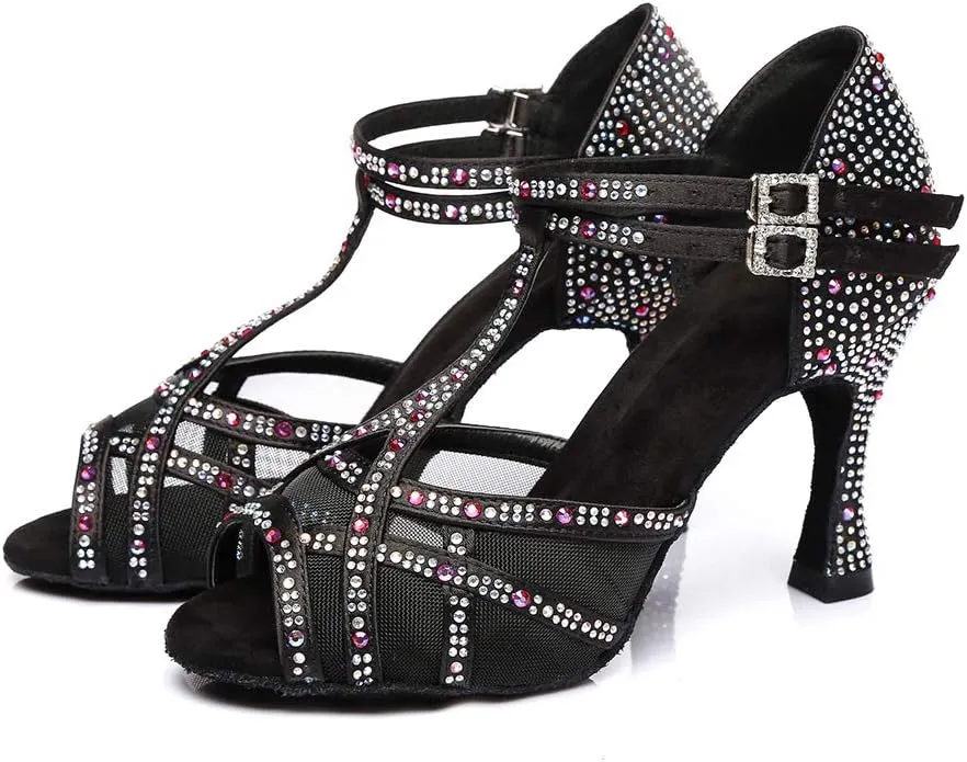 HIPPOSEUS Women's T-Strap Rhinestones Latin Dance Shoes Net Yarn Ballroom Salsa Dancing Shoes, Model 372