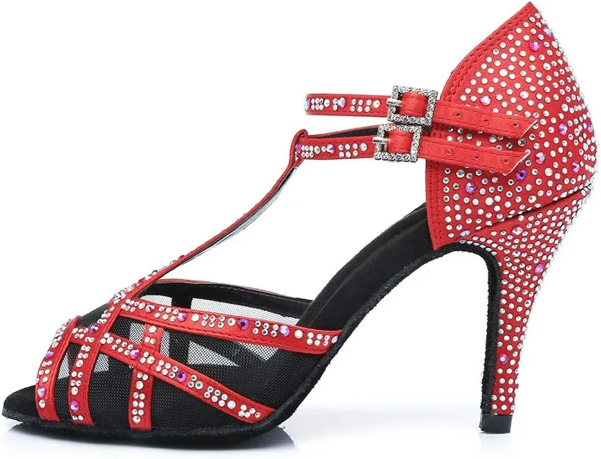 HIPPOSEUS Women's T-Strap Rhinestones Latin Dance Shoes Net Yarn Ballroom Salsa Dancing Shoes, Model 372