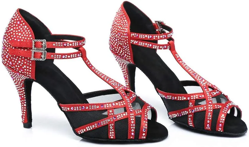 HIPPOSEUS Women's T-Strap Rhinestones Latin Dance Shoes Net Yarn Ballroom Salsa Dancing Shoes, Model 372