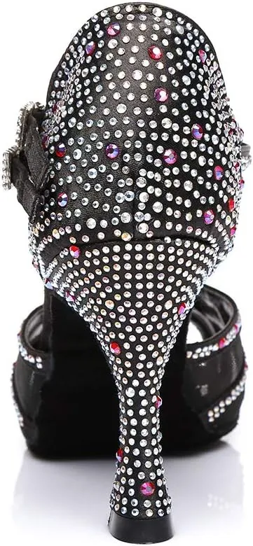 HIPPOSEUS Women's T-Strap Rhinestones Latin Dance Shoes Net Yarn Ballroom Salsa Dancing Shoes, Model 372
