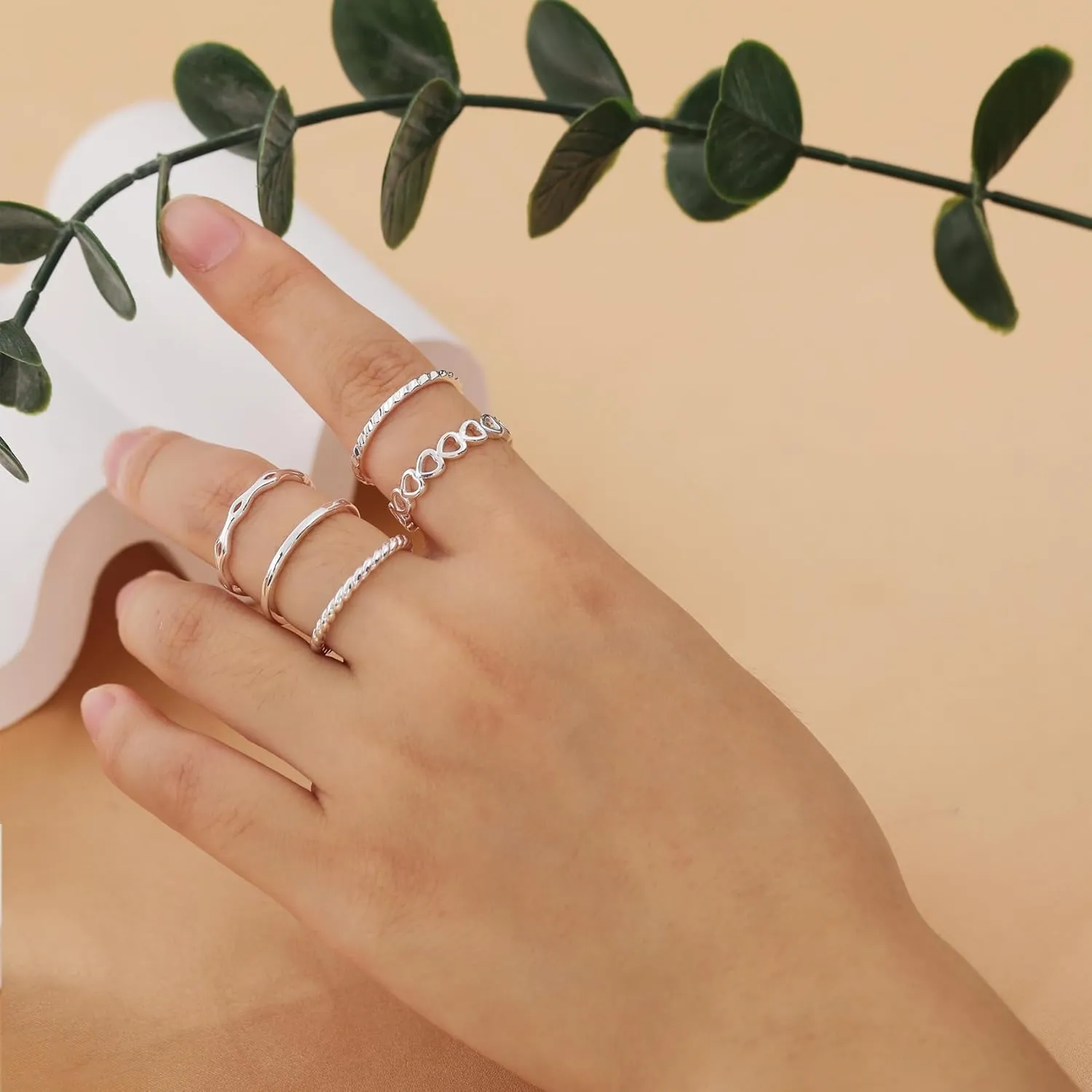 Honsny Rings Stacking Rings for Women Stackable Silver Rings Thin Simple Band Ring Set Cute Heart Midi Finger Thumb Ring Size 6-11