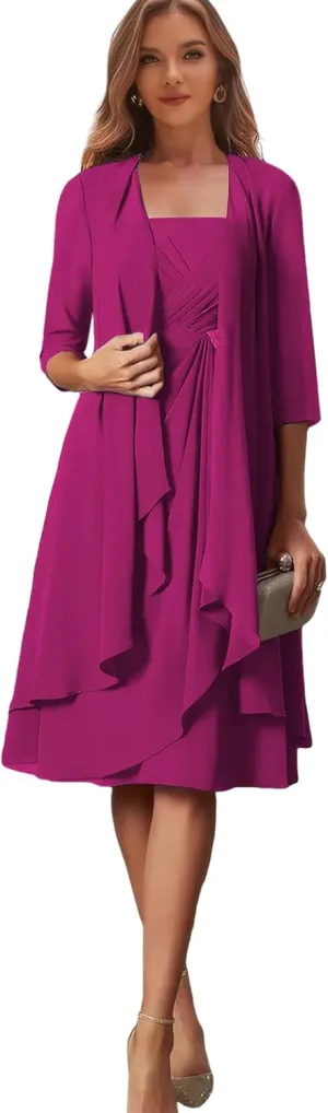 Hot Pink Mother of The Bride Dresses Plus Size with Jacket 3/4 Sleeve Chiffon Evening Dress for Women US 22