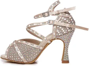 HROYL Women's Rhinestone Latin Dance Shoes Ballroom Salsa Tango Professional Performance Practice Rhinestone Dancing Shoes,YCL432