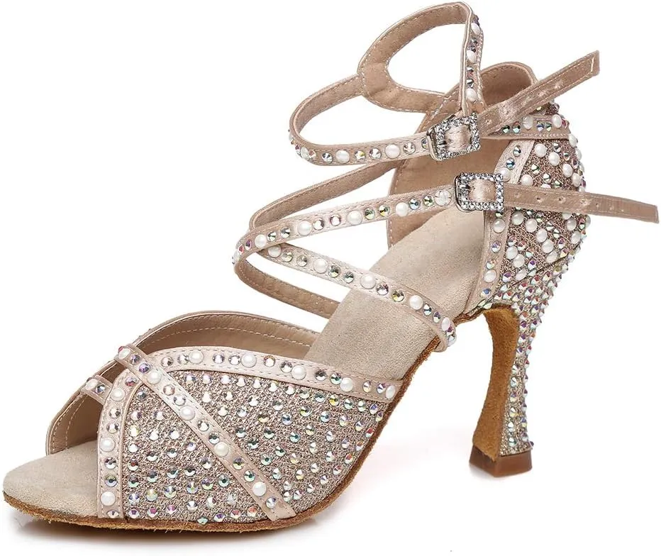 HROYL Women's Rhinestone Latin Dance Shoes Ballroom Salsa Tango Professional Performance Practice Rhinestone Dancing Shoes,YCL432