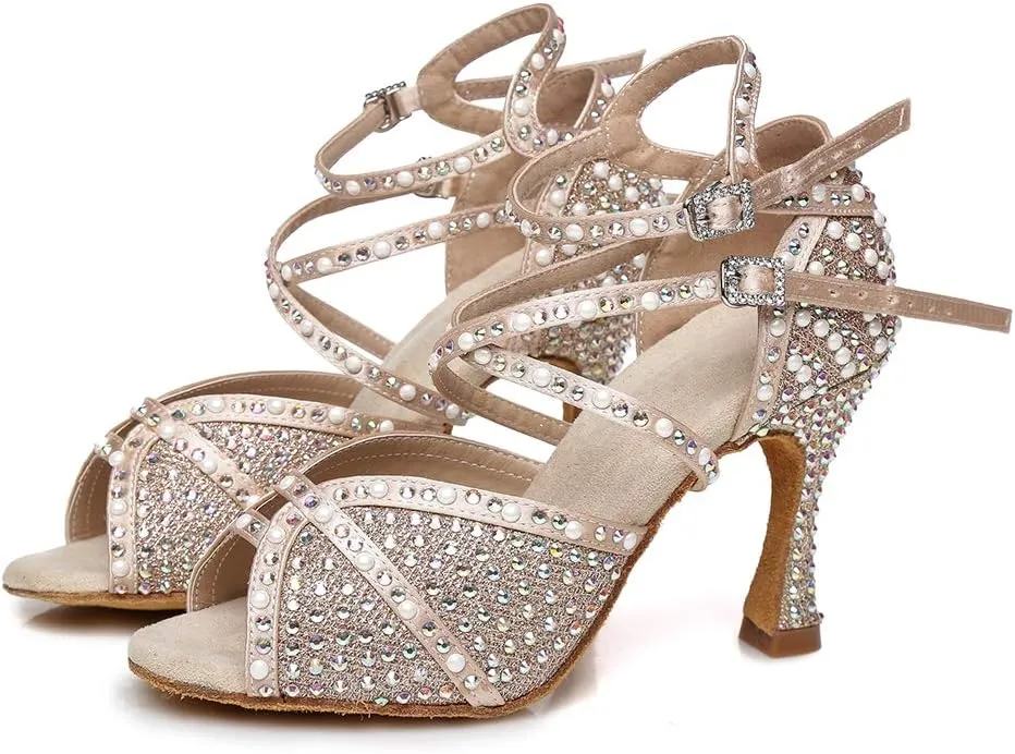 HROYL Women's Rhinestone Latin Dance Shoes Ballroom Salsa Tango Professional Performance Practice Rhinestone Dancing Shoes,YCL432