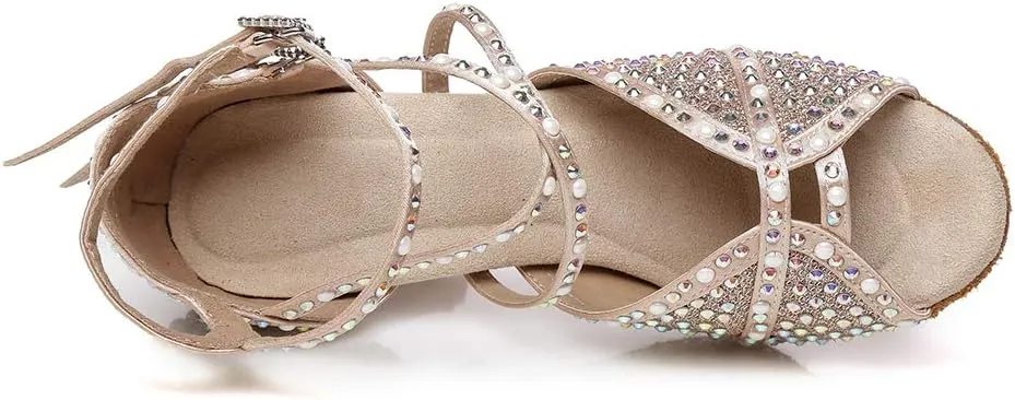 HROYL Women's Rhinestone Latin Dance Shoes Ballroom Salsa Tango Professional Performance Practice Rhinestone Dancing Shoes,YCL432