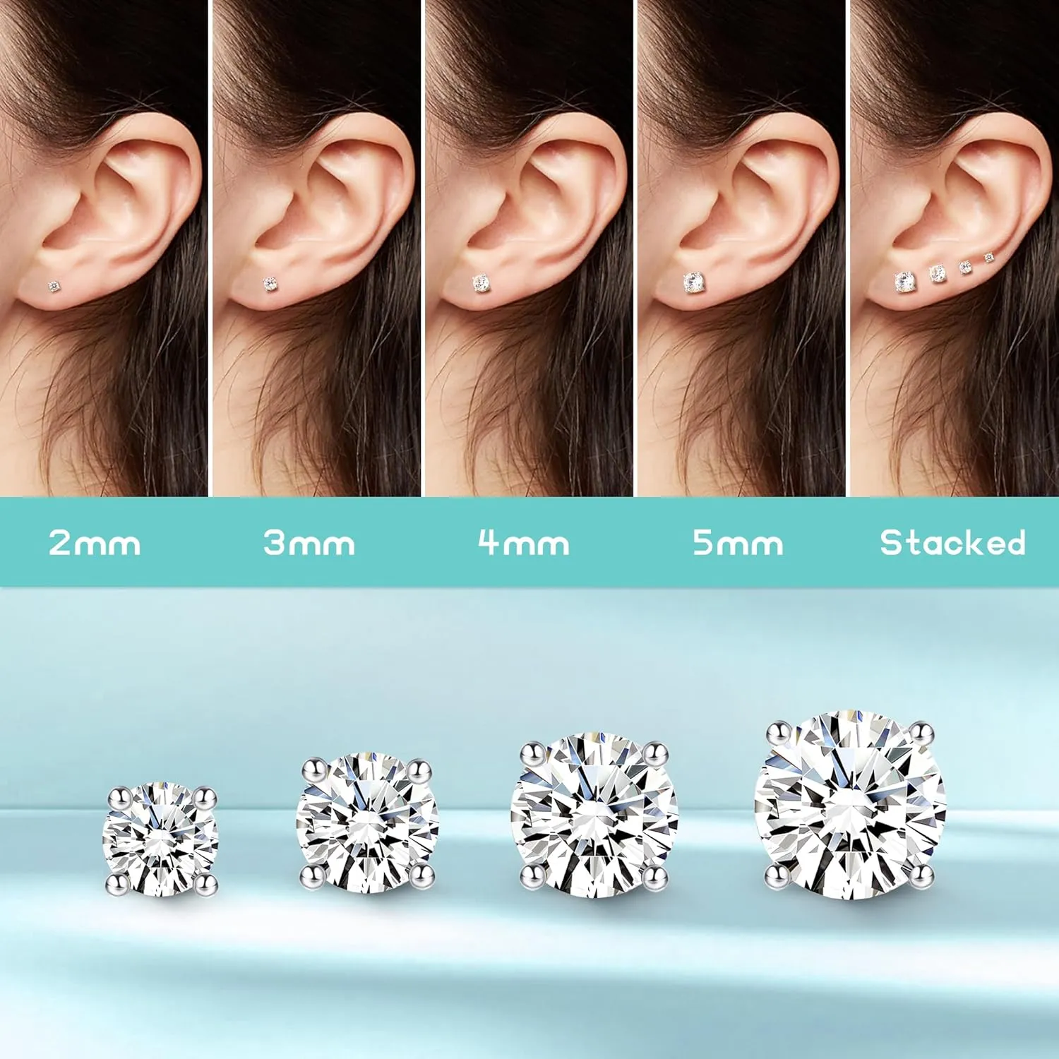 Hypoallergenic Flat Back Earrings for Women - 925 Sterling Silver Earrings for Sensitive Ears - Cartilage Earring Helix Conch Tragus Piercing Flatback Cubic Zirconia Earring Set Studs Men 2/3/4/5mm