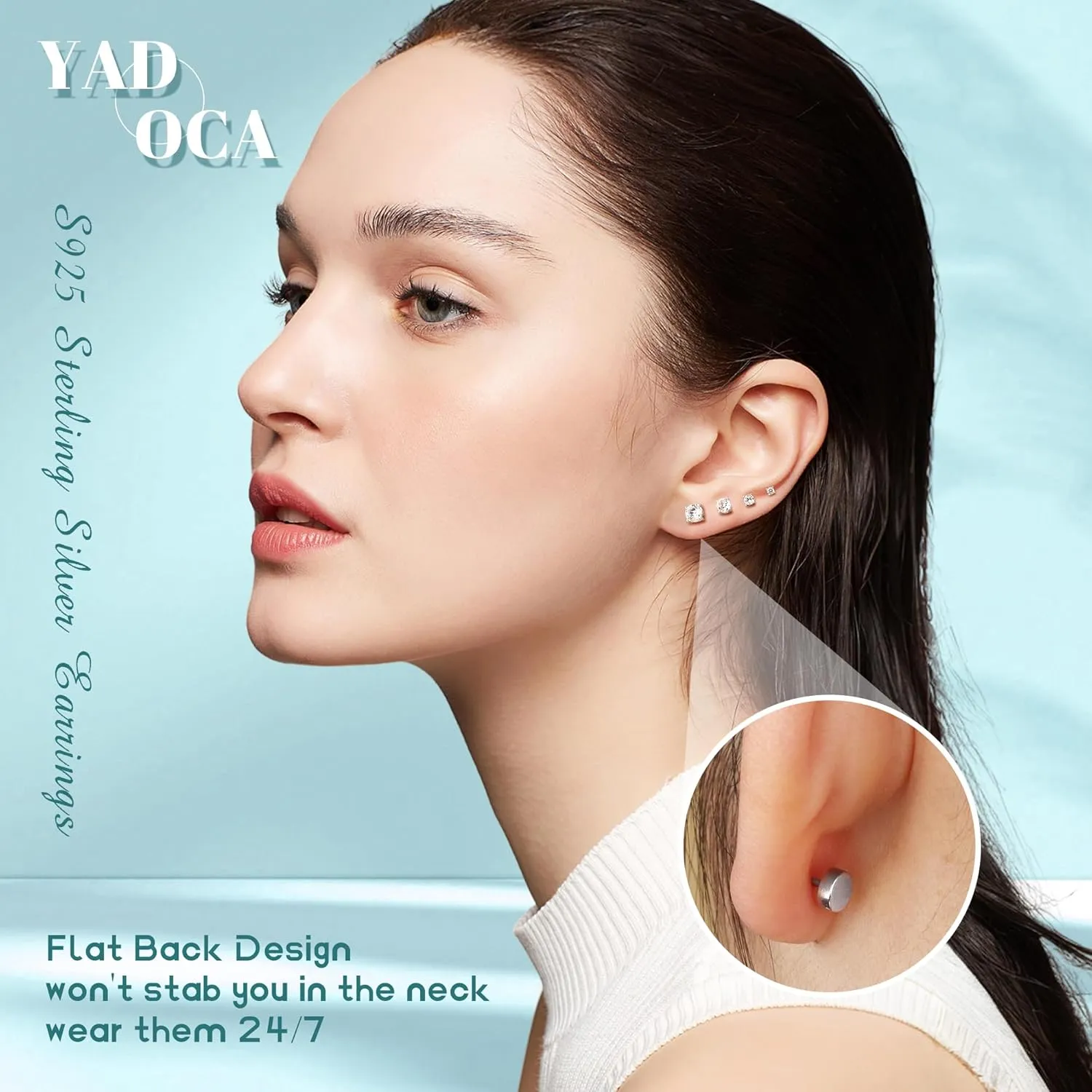 Hypoallergenic Flat Back Earrings for Women - 925 Sterling Silver Earrings for Sensitive Ears - Cartilage Earring Helix Conch Tragus Piercing Flatback Cubic Zirconia Earring Set Studs Men 2/3/4/5mm