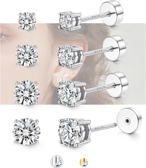 Hypoallergenic Flat Back Earrings for Women - 925 Sterling Silver Earrings for Sensitive Ears - Cartilage Earring Helix Conch Tragus Piercing Flatback Cubic Zirconia Earring Set Studs Men 2/3/4/5mm