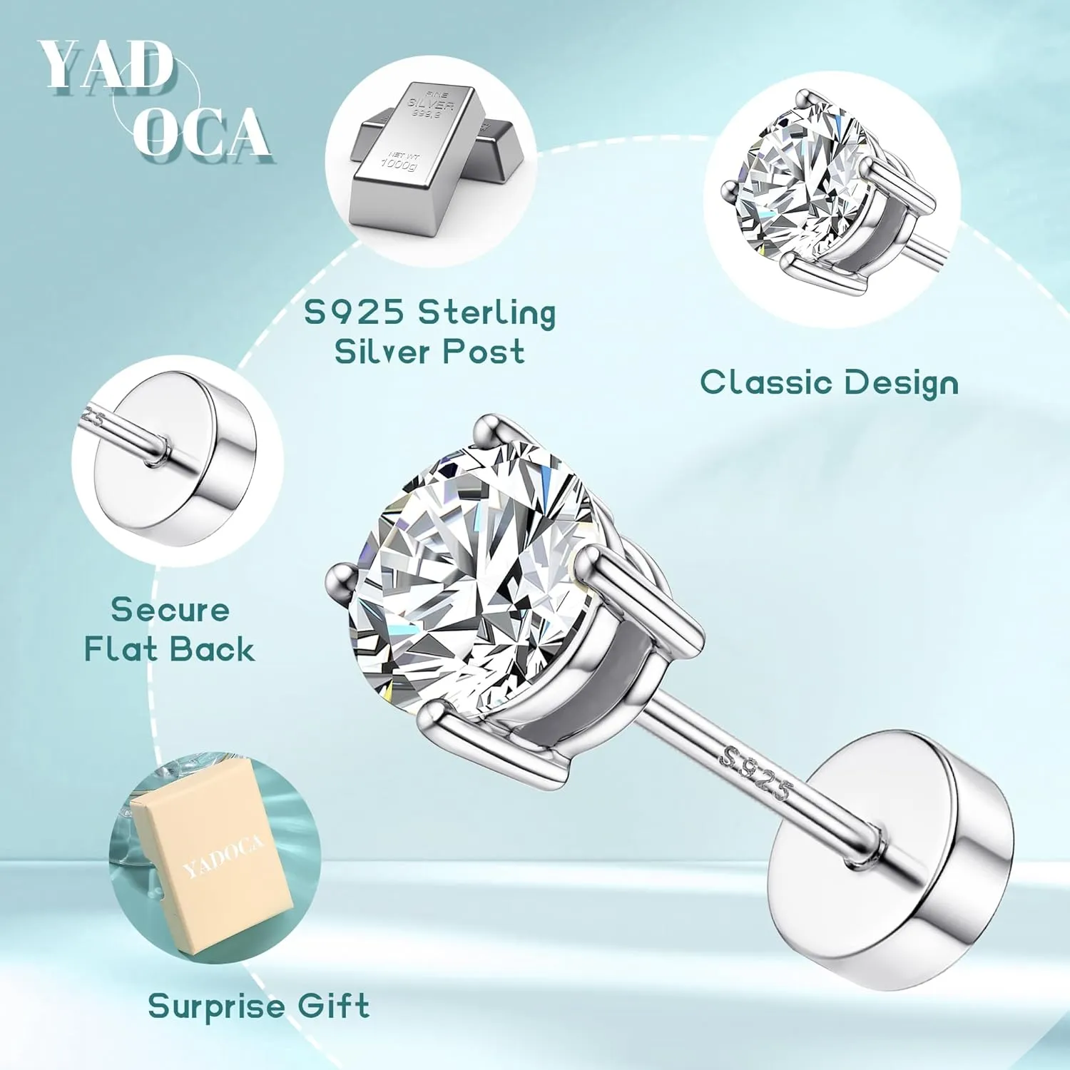 Hypoallergenic Flat Back Earrings for Women - 925 Sterling Silver Earrings for Sensitive Ears - Cartilage Earring Helix Conch Tragus Piercing Flatback Cubic Zirconia Earring Set Studs Men 2/3/4/5mm