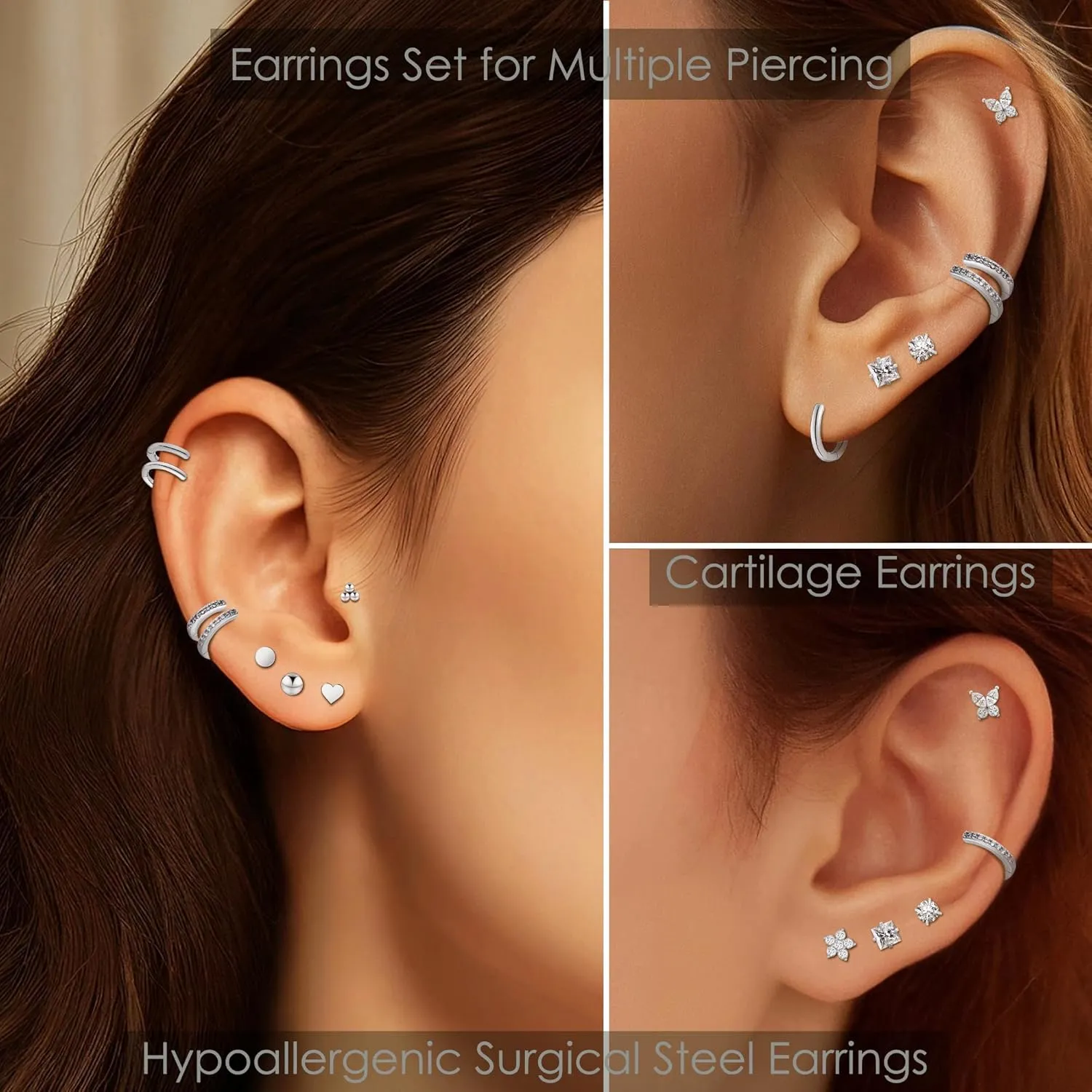Hypoallergenic Surgical Steel Earrings for Women Men Sensitive Ears Dainty 14K Gold Stainless Steel Earrings Flat Back Gold Small Stud Hoop Cartilage Earring Set for Multiple Piercing