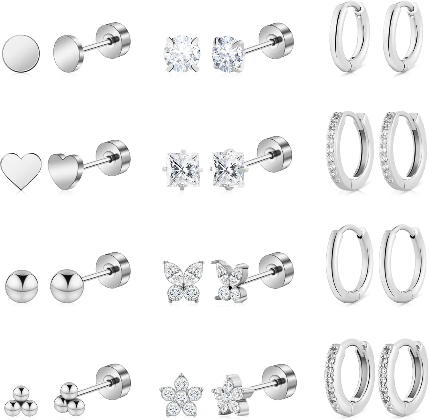 Hypoallergenic Surgical Steel Earrings for Women Men Sensitive Ears Dainty 14K Gold Stainless Steel Earrings Flat Back Gold Small Stud Hoop Cartilage Earring Set for Multiple Piercing