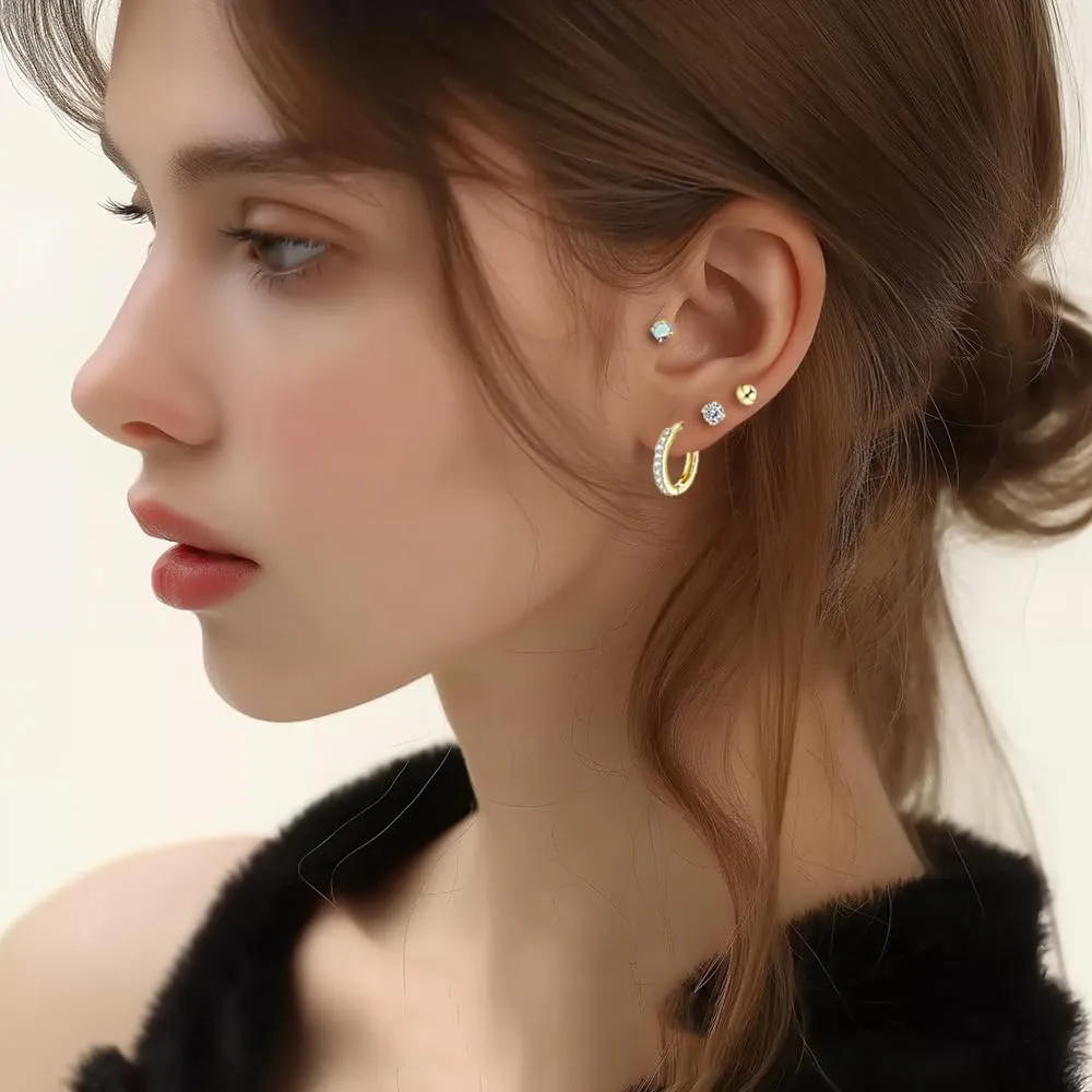 Hypoallergenic Tiny Flat Back Stud Earrings for Women Men Girls 14K Gold Surgical Stainless Steel for Sensitive Ears Screw Back Stud Hoop Cartilage Helix Earring for Multiple Piercing
