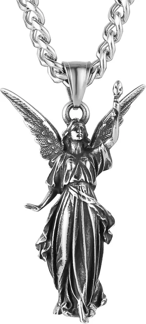 HZMAN Angel Necklace for Men Women Retro Stainless Steel Guardian Angel Pendant Necklace Amulet Jewelry Gift