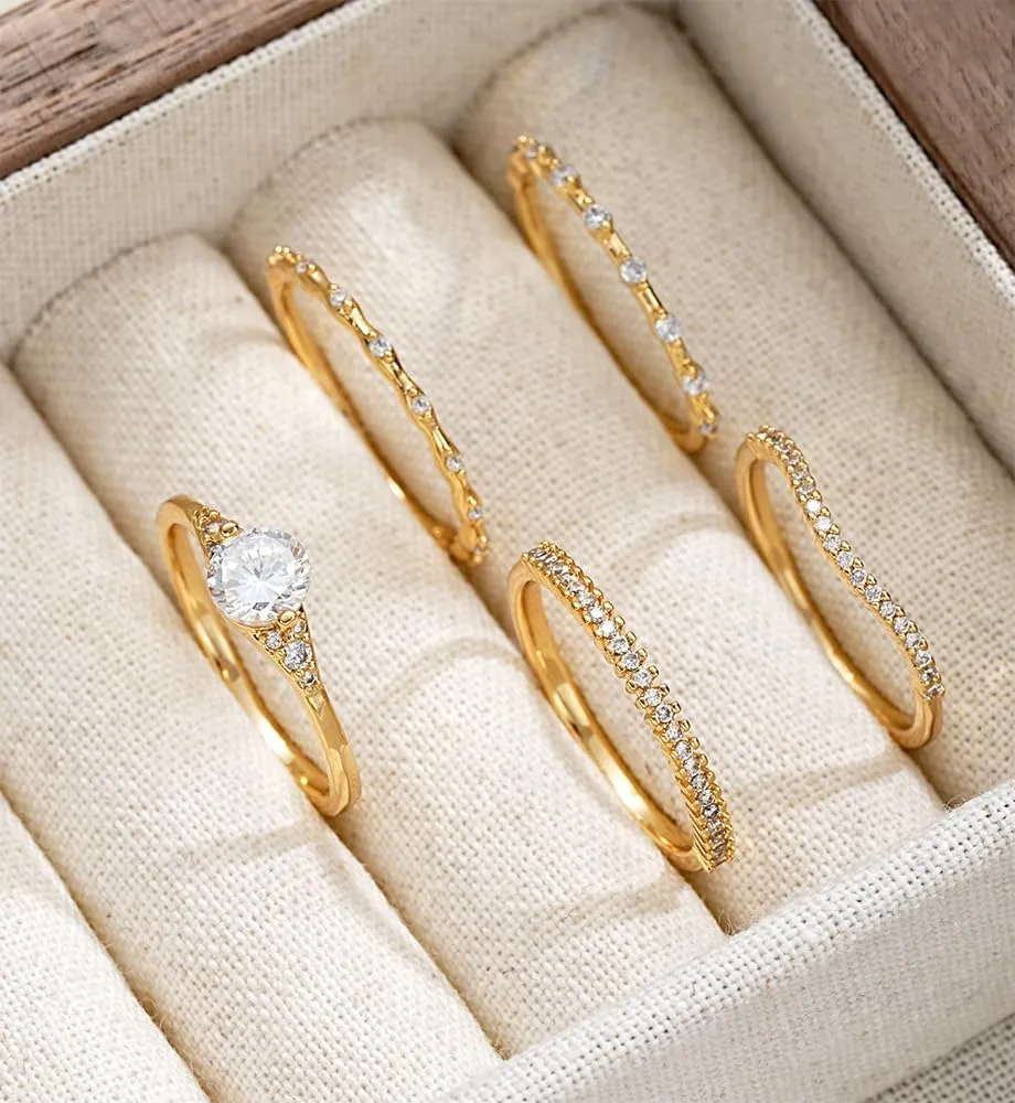 iF YOU Gold Rings for Women Non Tarnish, Dainty 14K Gold Plated Stackable Cubic Zirconia Knuckle Ring Set, Trendy Statement Promise Wedding Bands Stacking Engagement Rings Size 6 7 8 9 10