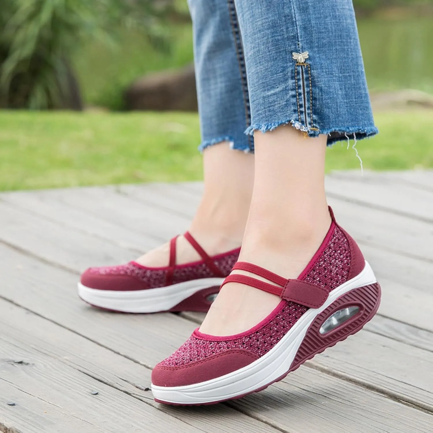 ihinzry Women's Air Cushion Nurse Shoes Outdoors Lightweight Breathable Slip On Sneakers