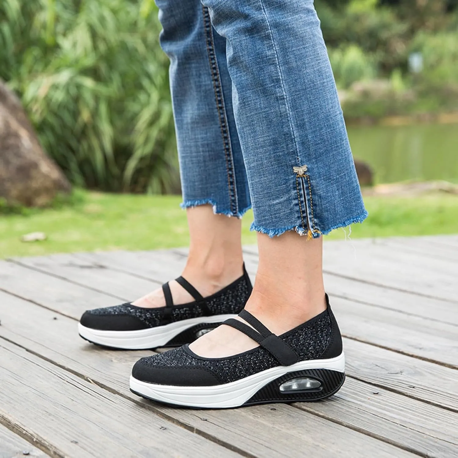 ihinzry Women's Air Cushion Nurse Shoes Outdoors Lightweight Breathable Slip On Sneakers