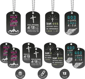 Inkstone Dogtag Necklaces | (12 Pack) | Bible Verses 2 Corinthians 5:7, Luke 1:37, and 1 John 4:16" | Religious Party Favors and Christian Bible Gifts for Men Women
