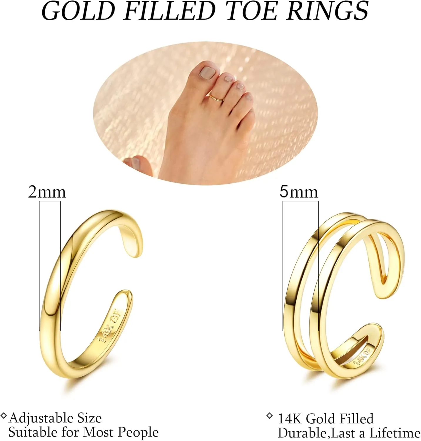 IRONBOX 14K Gold Filled Toe Rings for Women Simple Open Band Toe Ring Adjustable Toe Rings