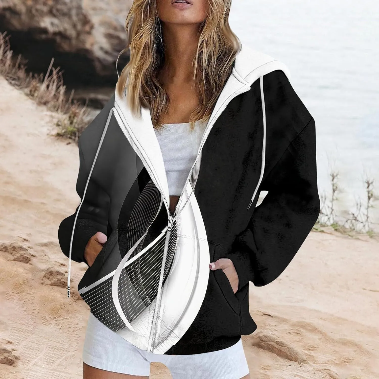 Jackets for Women 2024 Fall Winter Womens Hooded Zipper Drawstring Sweatshirts Trendy Outwear Warm Coats with Pockets