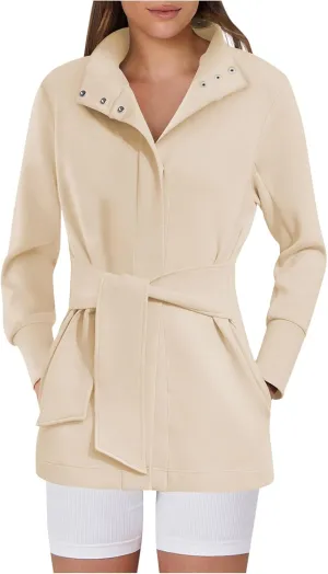 Jackets for Women Crew Neck Corset Bandage Winter Coat Belted Casual Long Sleeve Trench Coat Button Dressy Outerwear