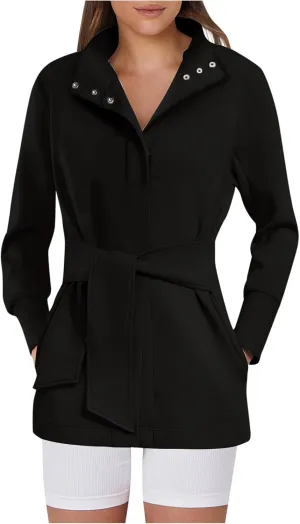 Jackets for Women Crew Neck Corset Bandage Winter Coat Belted Casual Long Sleeve Trench Coat Button Dressy Outerwear
