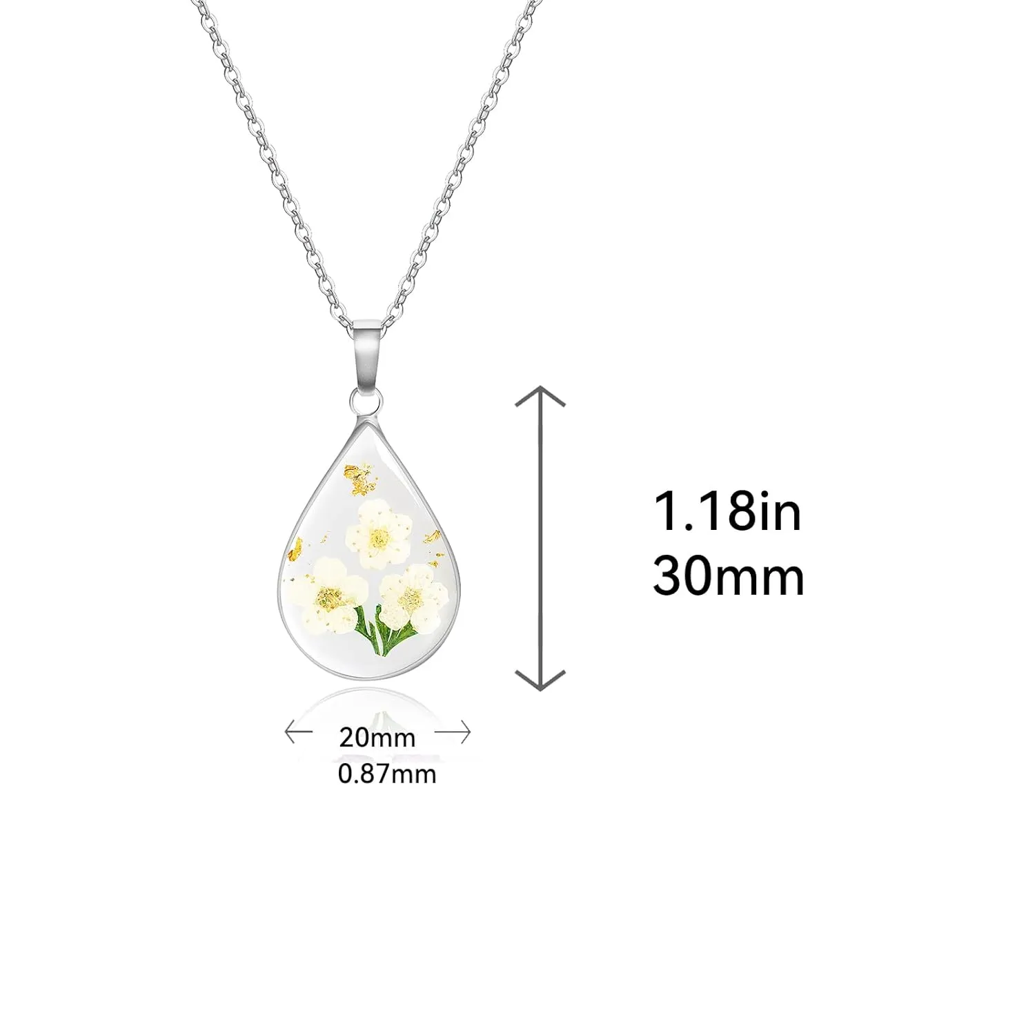 Jayden Silver Necklace for Women,Birth Flower Necklace,Lily of the Valley May Month Real Flower,Handmade Resin Necklaces,Represents Happiness,Purity,And Sweet Love,Unique Gift,Teardrop Pendant - 18