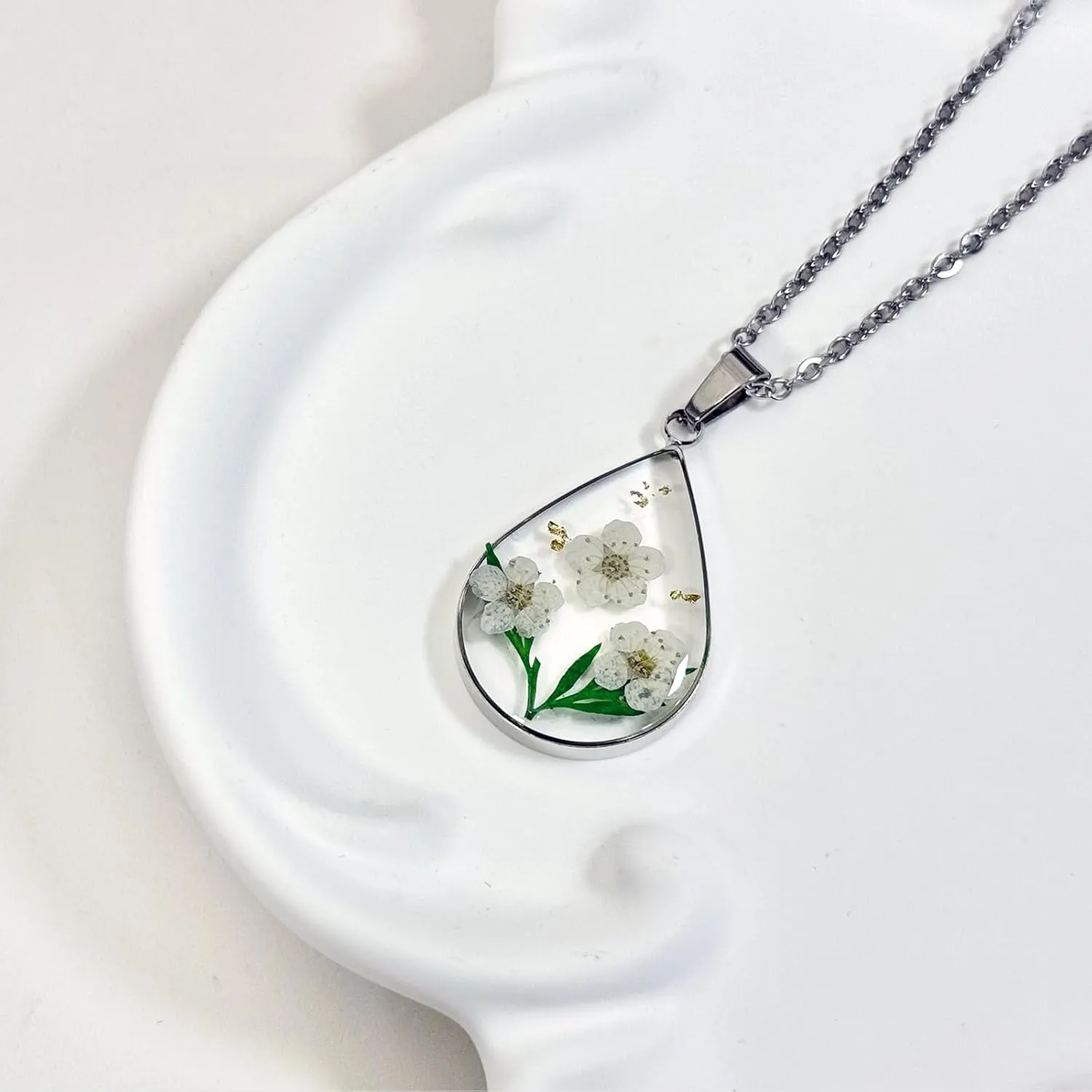 Jayden Silver Necklace for Women,Birth Flower Necklace,Lily of the Valley May Month Real Flower,Handmade Resin Necklaces,Represents Happiness,Purity,And Sweet Love,Unique Gift,Teardrop Pendant - 18