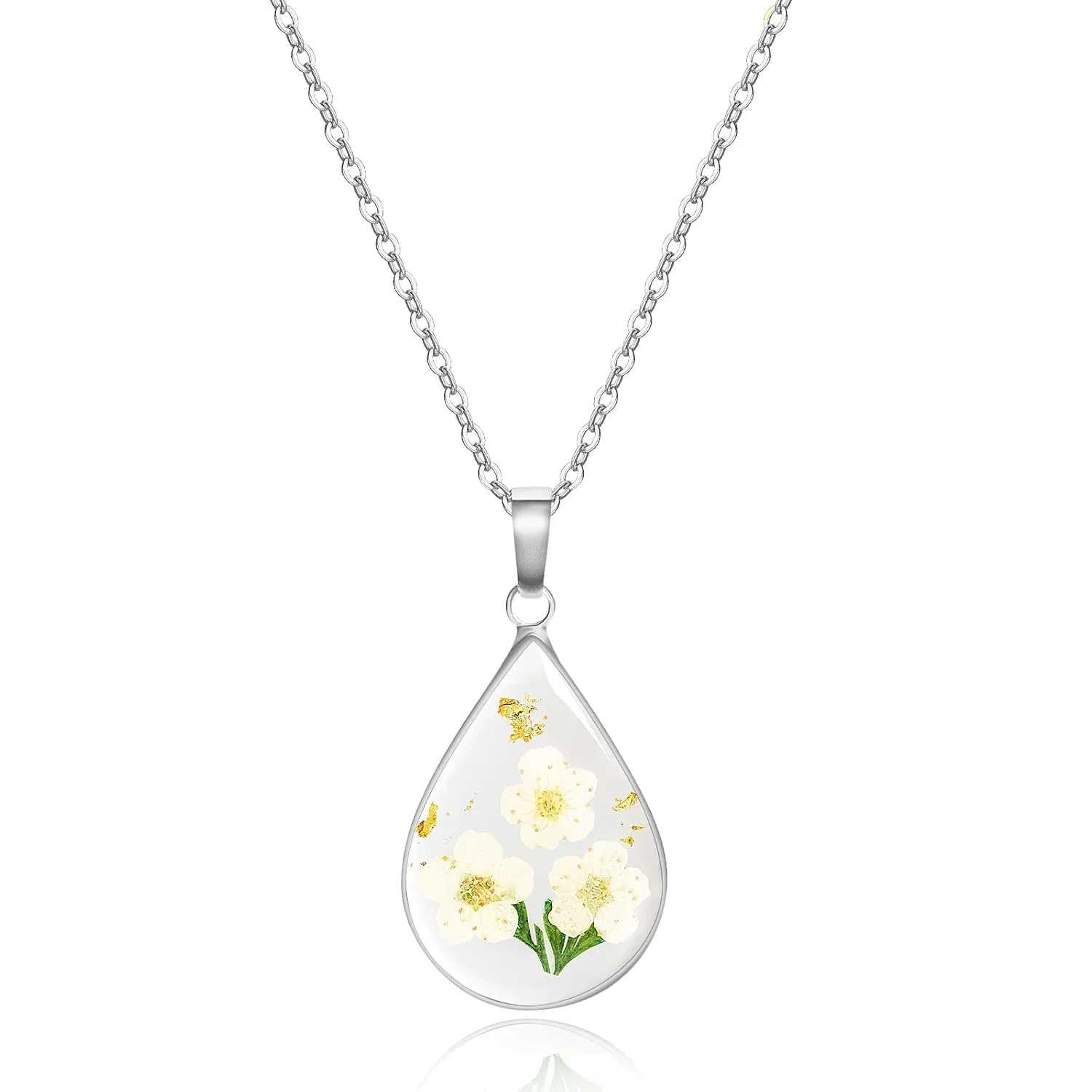 Jayden Silver Necklace for Women,Birth Flower Necklace,Lily of the Valley May Month Real Flower,Handmade Resin Necklaces,Represents Happiness,Purity,And Sweet Love,Unique Gift,Teardrop Pendant - 18