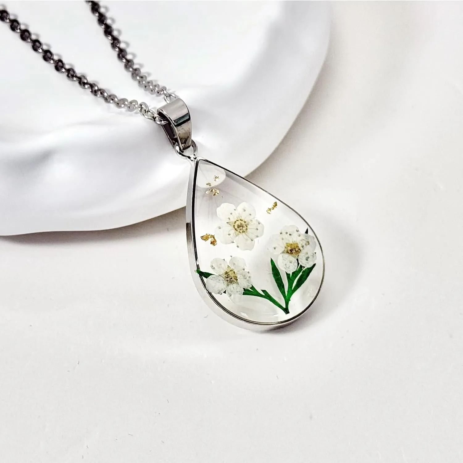 Jayden Silver Necklace for Women,Birth Flower Necklace,Lily of the Valley May Month Real Flower,Handmade Resin Necklaces,Represents Happiness,Purity,And Sweet Love,Unique Gift,Teardrop Pendant - 18