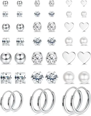 JeryWe 21Pairs Stainless Steel Stud Earrings for Women Cartilage Trague Stud Huggie Hoop Earrings Hypoallergenic CZ Earrings Studs Pearl Silver Star Round Ball Stud Earrings Set
