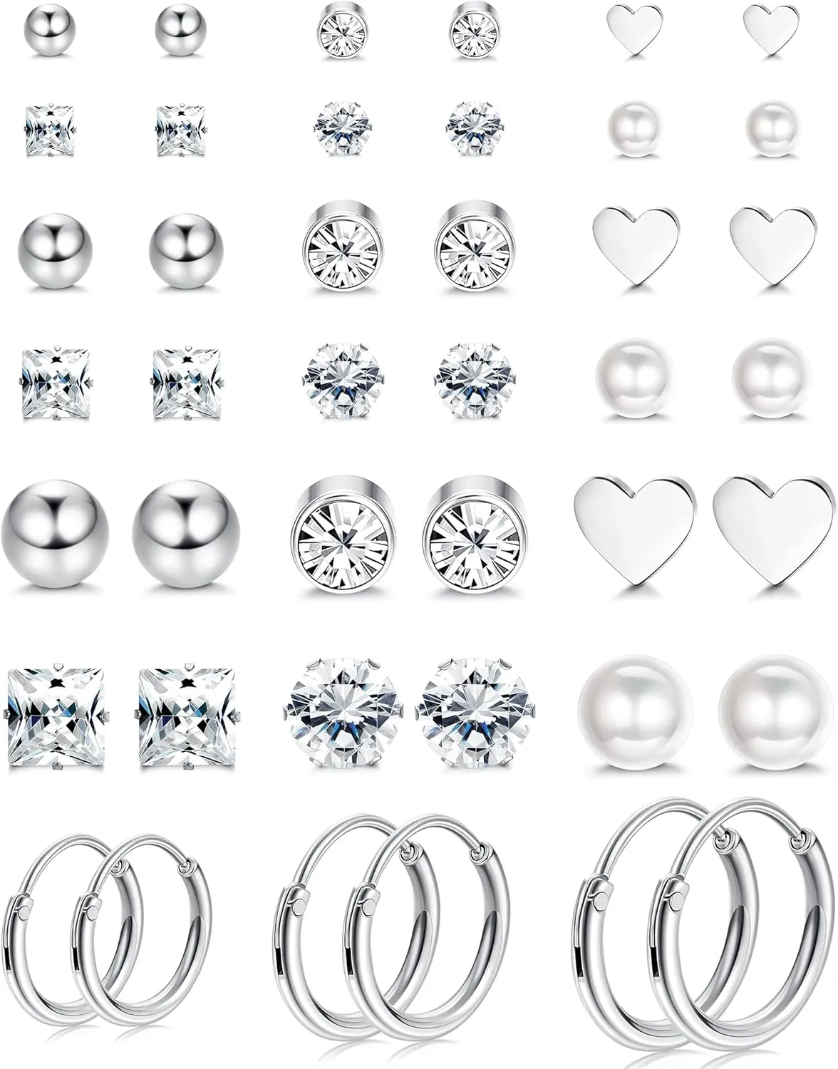 JeryWe 21Pairs Stainless Steel Stud Earrings for Women Cartilage Trague Stud Huggie Hoop Earrings Hypoallergenic CZ Earrings Studs Pearl Silver Star Round Ball Stud Earrings Set