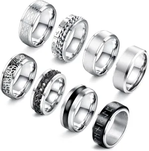 JeryWe 8 Pcs Stainless Steel Rings for Men High Polished Mens Band Wedding Engagement Fidget Rings Vintage Spinning Rings Size 7-13