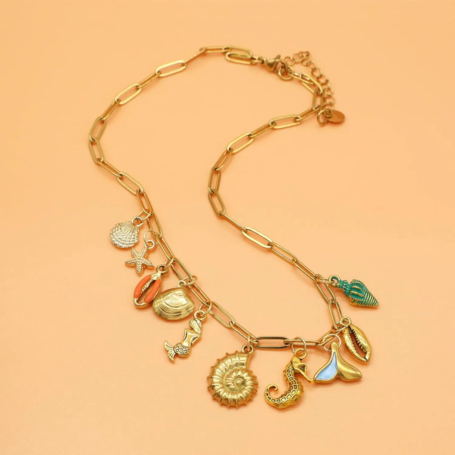 JNF Cute Boho Charm Necklace for Women Paperclip Chain Necklace Sun Moon Star Coin Heart Flower Boot Boho Bow Charms Necklaces