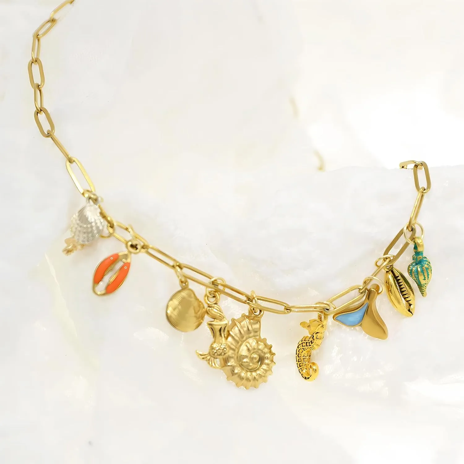 JNF Cute Boho Charm Necklace for Women Paperclip Chain Necklace Sun Moon Star Coin Heart Flower Boot Boho Bow Charms Necklaces