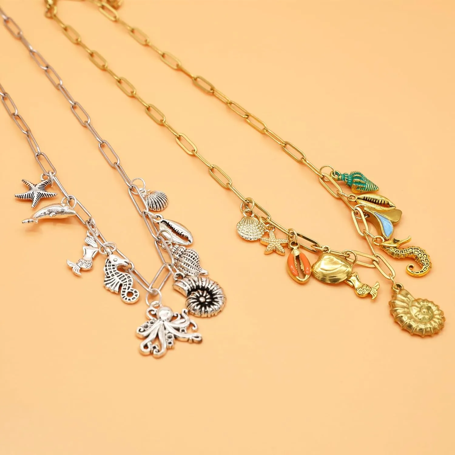 JNF Cute Boho Charm Necklace for Women Paperclip Chain Necklace Sun Moon Star Coin Heart Flower Boot Boho Bow Charms Necklaces