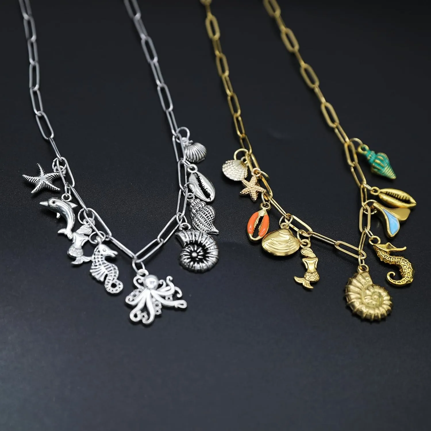 JNF Cute Boho Charm Necklace for Women Paperclip Chain Necklace Sun Moon Star Coin Heart Flower Boot Boho Bow Charms Necklaces