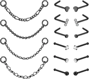 JOERICA Nose Chain Piercing Across Nose 316L Stainless Steel 20G Nose Ring Chains for Women CZ Nose Studs with Chains Nose Stud Chain Nostril Piercing Jewelry