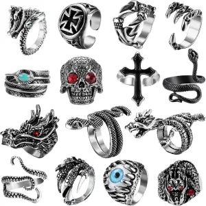 Jstyle 15Pcs Vintage Punk Rings for Men Women Snake Ring Dragon Open Rings Set Knuckle Stacking Ring Boho Finger Rings