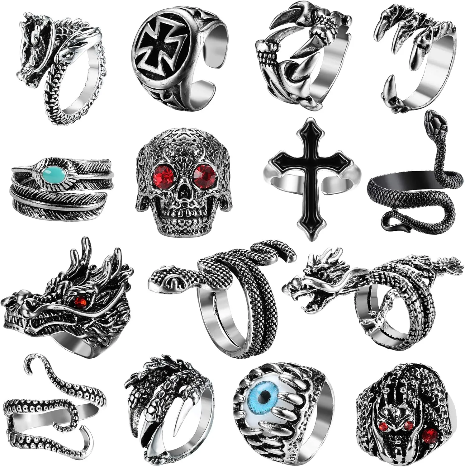 Jstyle 15Pcs Vintage Punk Rings for Men Women Snake Ring Dragon Open Rings Set Knuckle Stacking Ring Boho Finger Rings