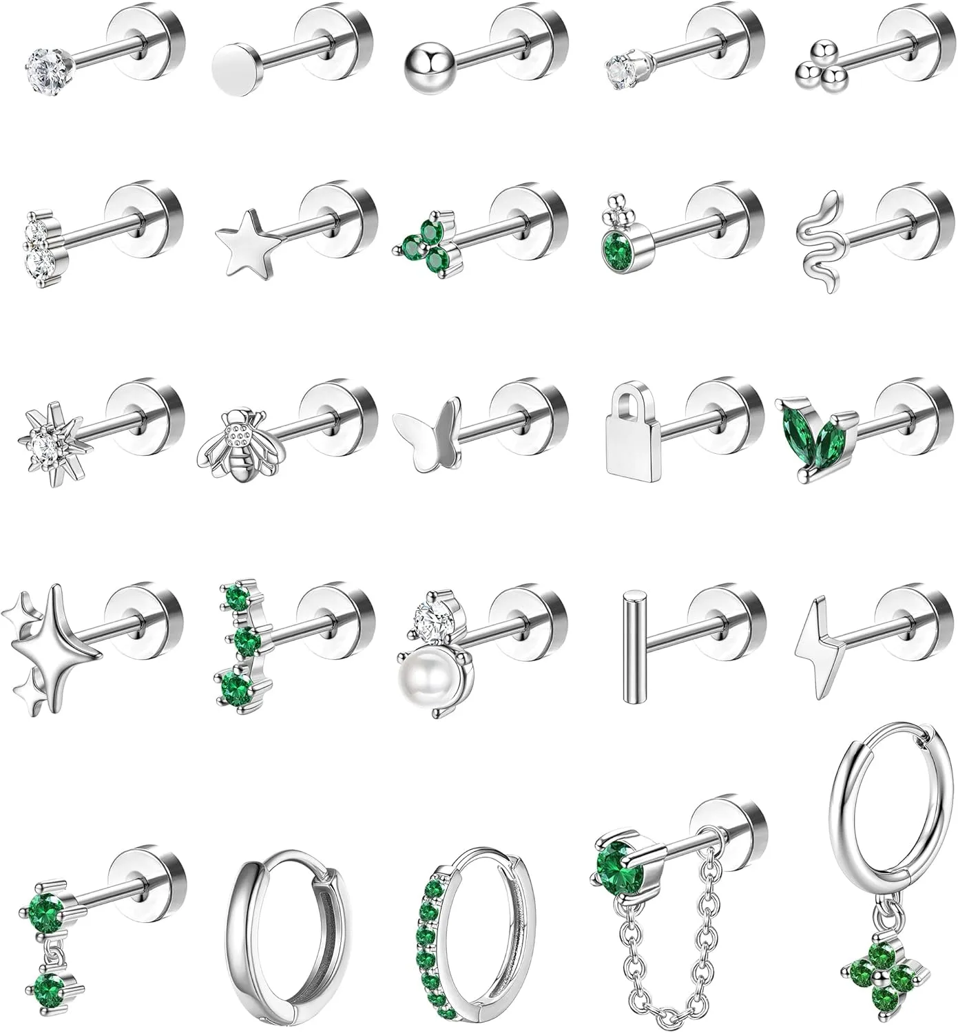 Jstyle Hypoallergenic Earrings for Sensitive Ears Surgical Stainless Steel Earrings for Women Dainty Flat Back Earring Studs Hoop Cartilage Earring Set for Multiple Piercing