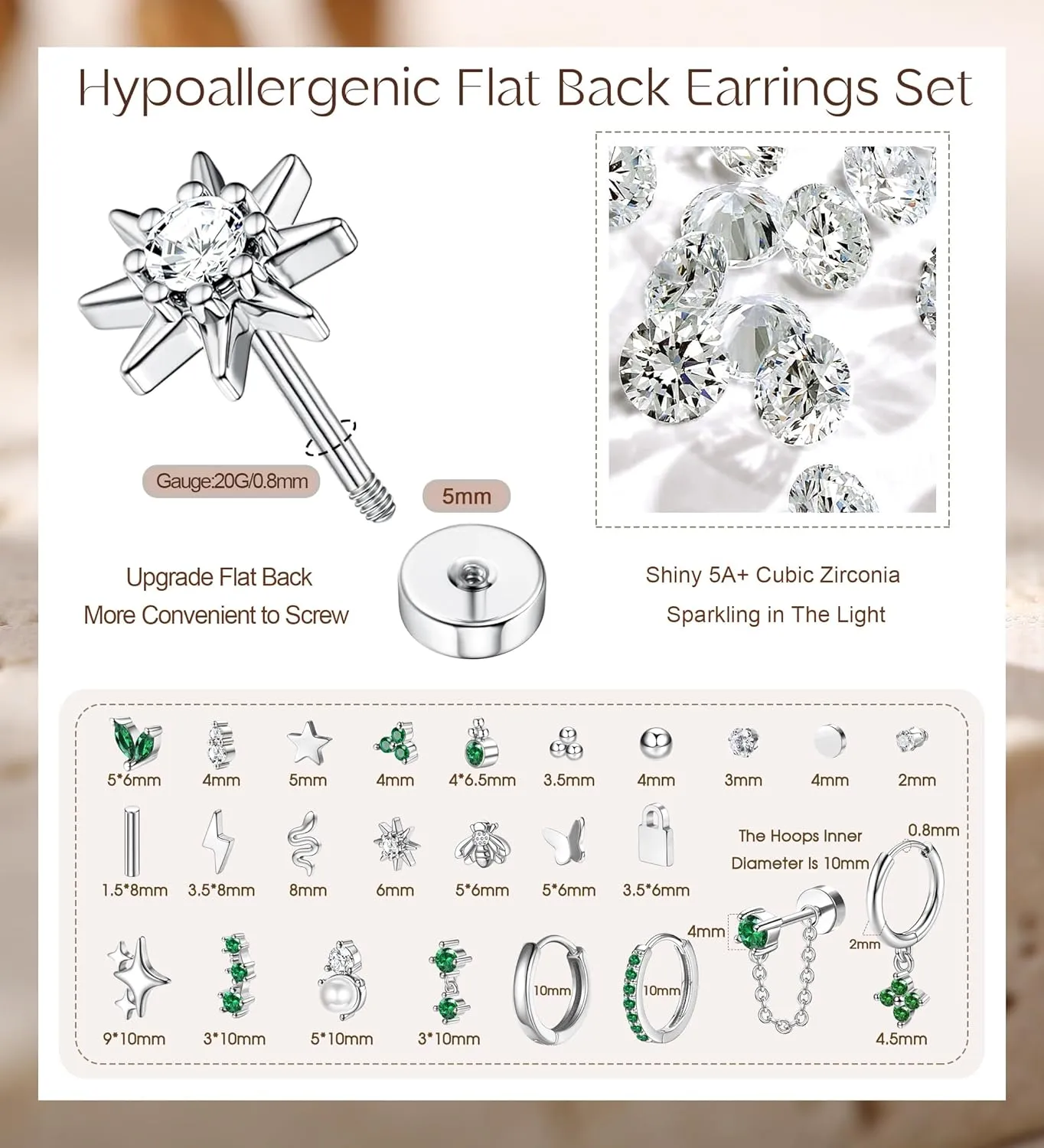 Jstyle Hypoallergenic Earrings for Sensitive Ears Surgical Stainless Steel Earrings for Women Dainty Flat Back Earring Studs Hoop Cartilage Earring Set for Multiple Piercing